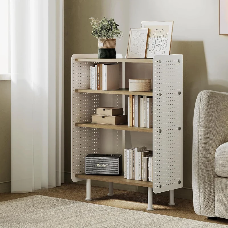 Contemporary Nordic Rectangular Carbon Steel Solid Wood Multi-Layer Board Bookshelf 4-Tier For Study Room