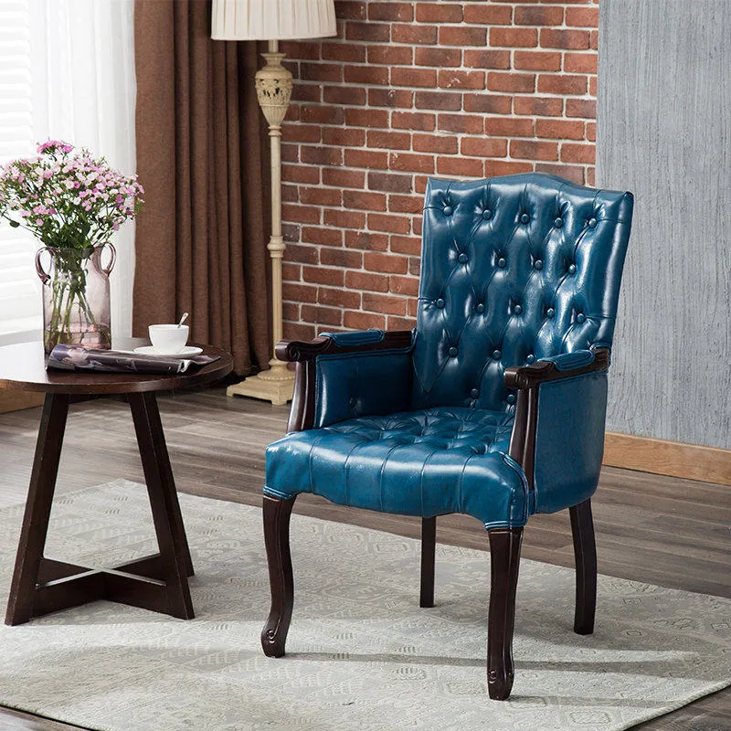 Traditional Vintage Rectangular Faux Oil-Waxed Leather Rubberwood Pine Wood Accent Chair Backrest Armrest For Living Room