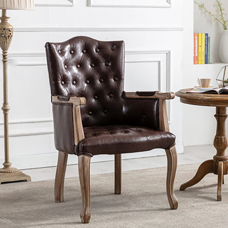Traditional Vintage Rectangular Faux Oil-Waxed Leather Rubberwood Pine Wood Accent Chair Backrest Armrest For Living Room