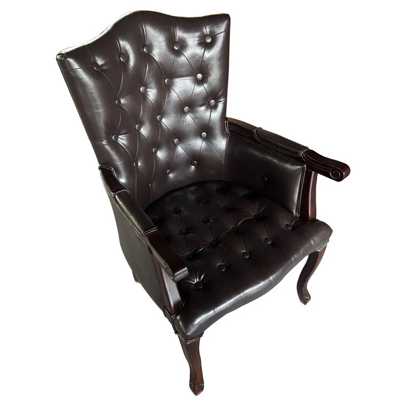 Traditional Vintage Rectangular Faux Oil-Waxed Leather Rubberwood Pine Wood Accent Chair Backrest Armrest For Living Room