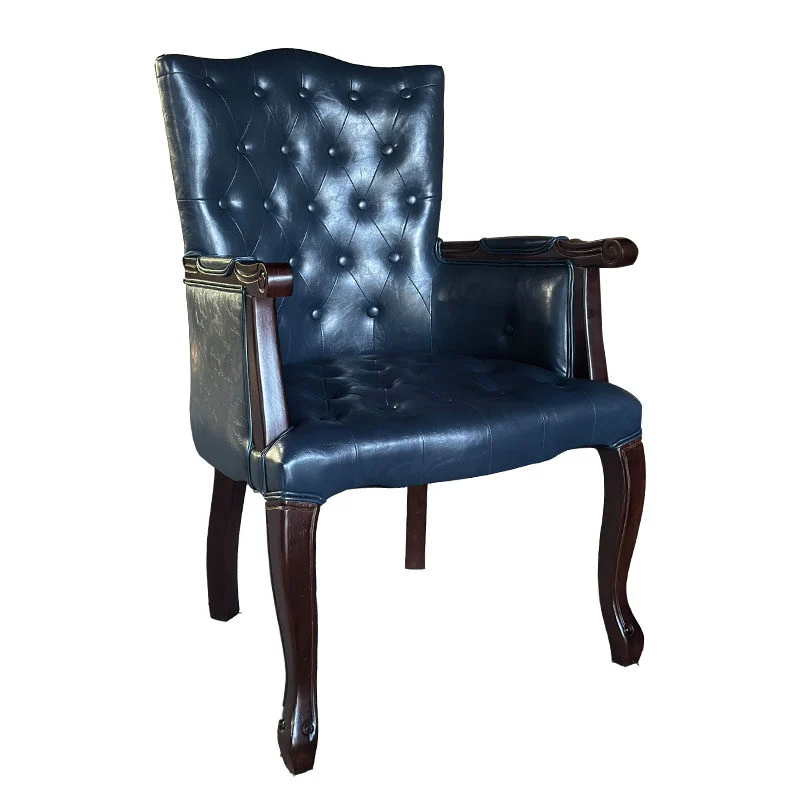 Traditional Vintage Rectangular Faux Oil-Waxed Leather Rubberwood Pine Wood Accent Chair Backrest Armrest For Living Room