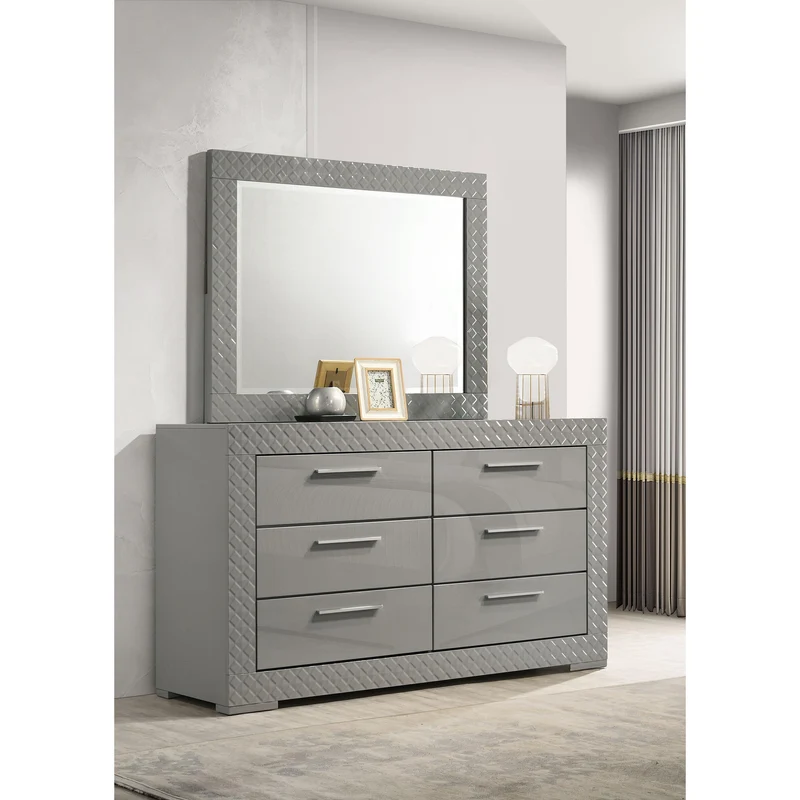 Coaster Furniture Ives 224973M 6-Drawer Dresser and Mirror - Grey High Gloss
