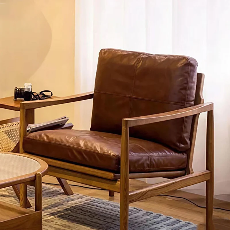 Traditional Vintage Rectangular Faux Oil-Waxed Leather Velvet Rubberwood Accent Chair Backrest Armrest For Living Room