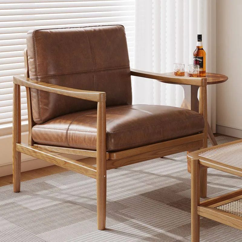 Traditional Vintage Rectangular Faux Oil-Waxed Leather Velvet Rubberwood Accent Chair Backrest Armrest For Living Room