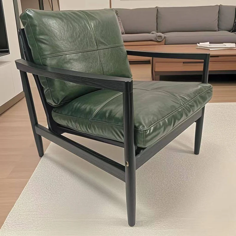 Traditional Vintage Rectangular Faux Oil-Waxed Leather Velvet Rubberwood Accent Chair Backrest Armrest For Living Room