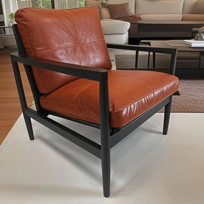 Traditional Vintage Rectangular Faux Oil-Waxed Leather Velvet Rubberwood Accent Chair Backrest Armrest For Living Room