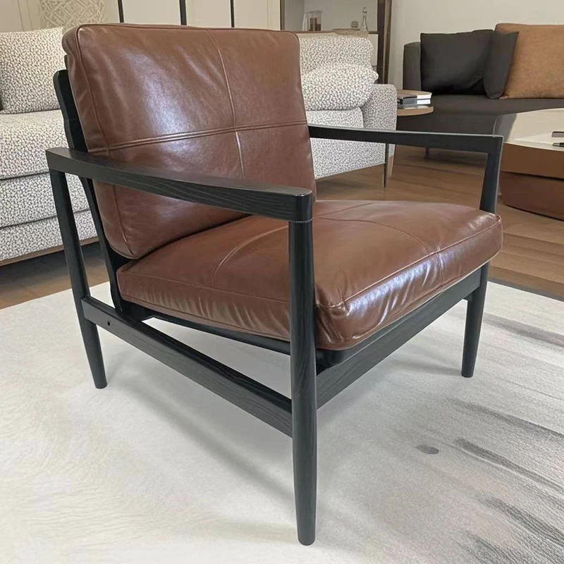 Traditional Vintage Rectangular Faux Oil-Waxed Leather Velvet Rubberwood Accent Chair Backrest Armrest For Living Room