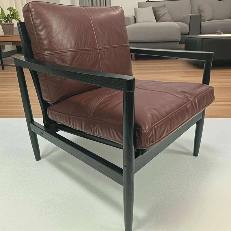 Traditional Vintage Rectangular Faux Oil-Waxed Leather Velvet Rubberwood Accent Chair Backrest Armrest For Living Room