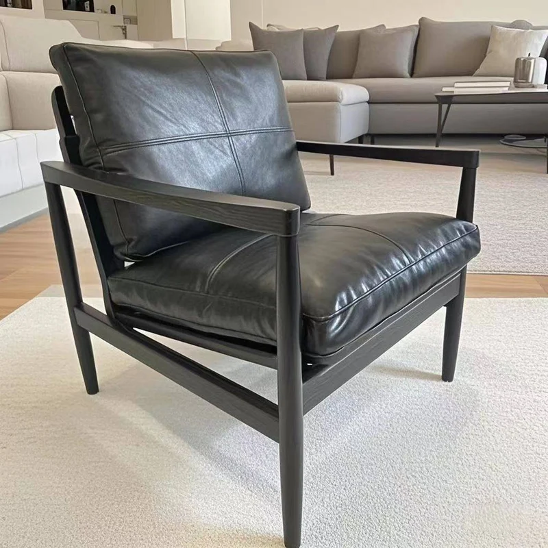 Traditional Vintage Rectangular Faux Oil-Waxed Leather Velvet Rubberwood Accent Chair Backrest Armrest For Living Room