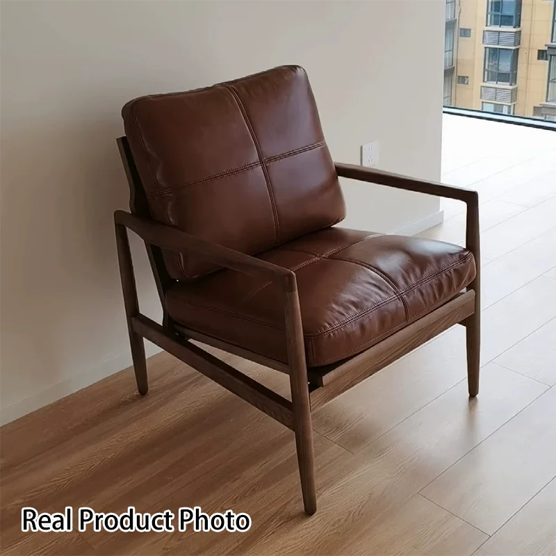 Traditional Vintage Rectangular Faux Oil-Waxed Leather Velvet Rubberwood Accent Chair Backrest Armrest For Living Room