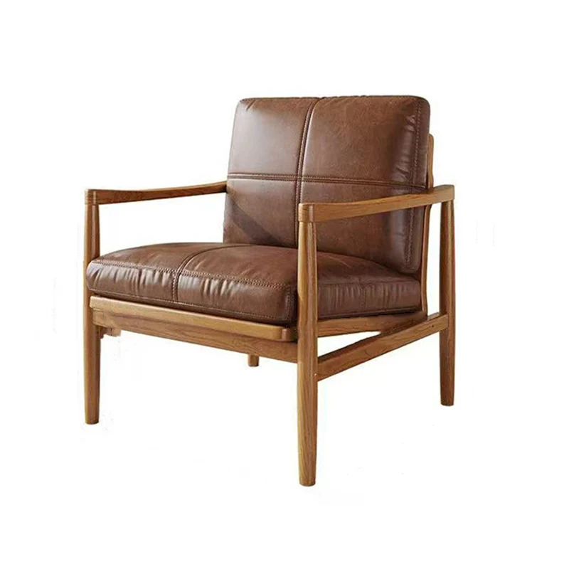 Traditional Vintage Rectangular Faux Oil-Waxed Leather Velvet Rubberwood Accent Chair Backrest Armrest For Living Room