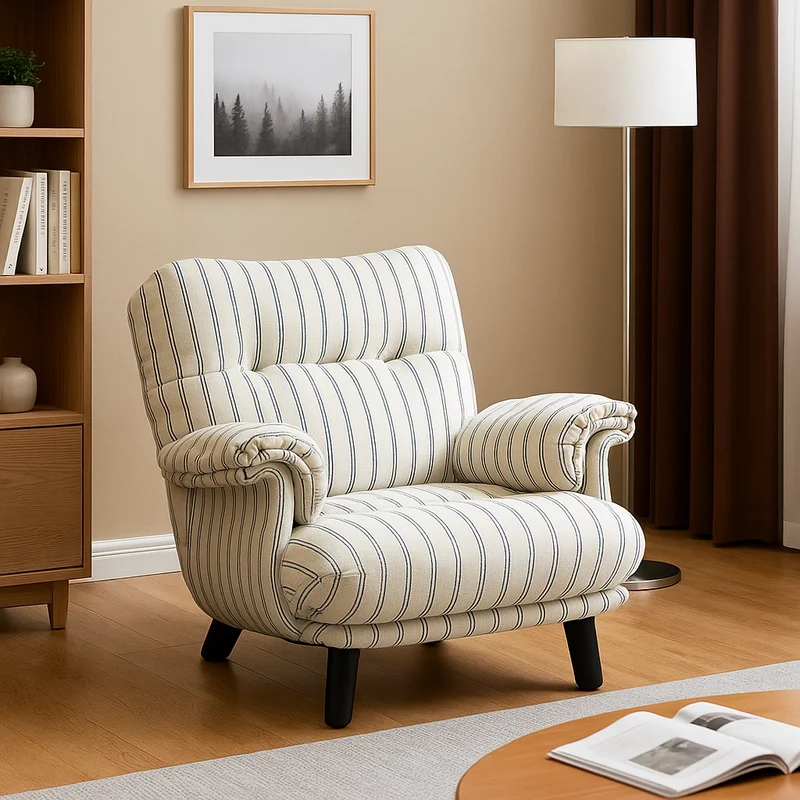 Traditional Vintage Rectangular Cotton-Linen Solid Wood Carbon Steel Accent Chair Backrest Armrest For Living Room