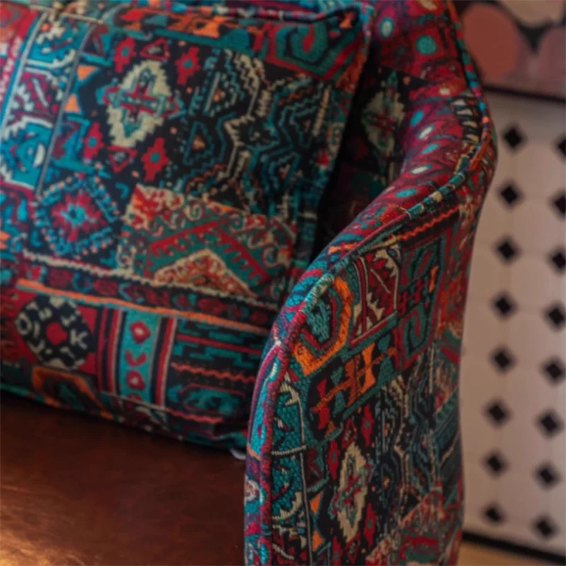Traditional Vintage Curved Print Fabric Faux Oil-Waxed Leather Iron Medium Density Fiberboard Solid Wood Accent Chair Backrest Armrest For Living Room