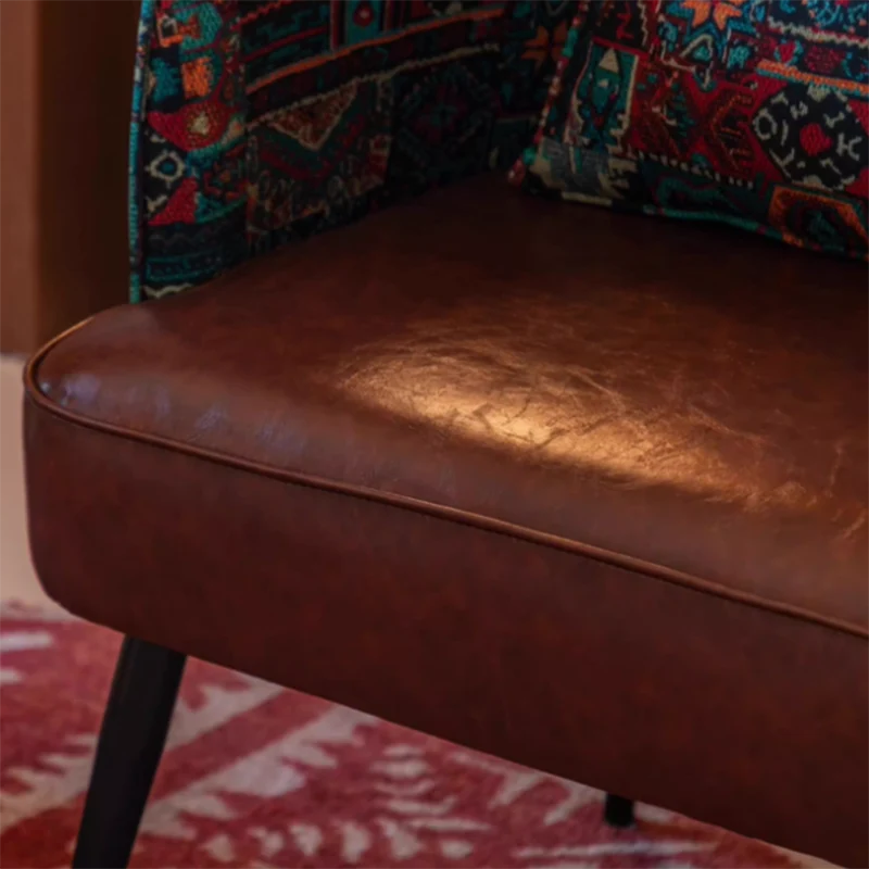 Traditional Vintage Curved Print Fabric Faux Oil-Waxed Leather Iron Medium Density Fiberboard Solid Wood Accent Chair Backrest Armrest For Living Room