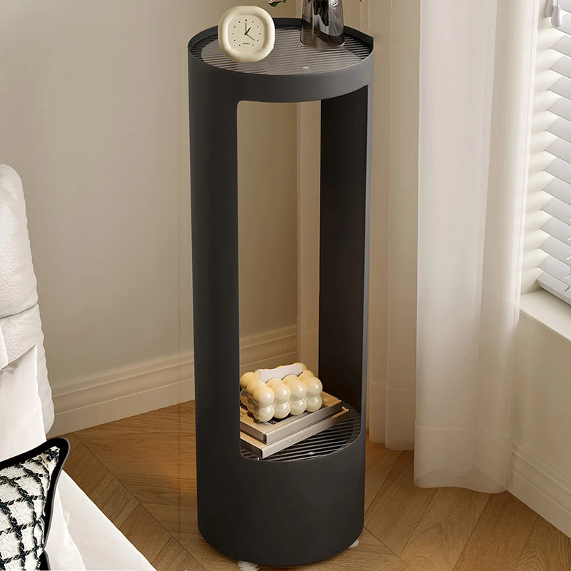 Contemporary Industrial Cylindrical Carbon Steel Fluted Glass USB Charging Sensor Light End Table 2-Tier For Living Room