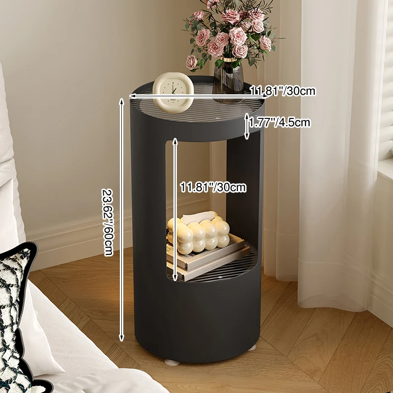 Contemporary Industrial Cylindrical Carbon Steel Fluted Glass USB Charging Sensor Light End Table 2-Tier For Living Room