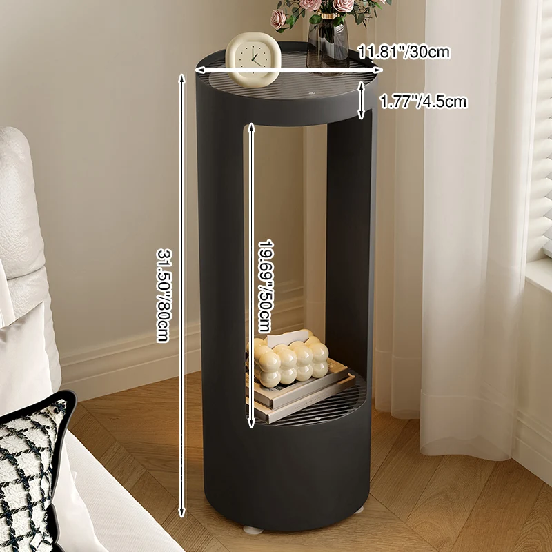 Contemporary Industrial Cylindrical Carbon Steel Fluted Glass USB Charging Sensor Light End Table 2-Tier For Living Room