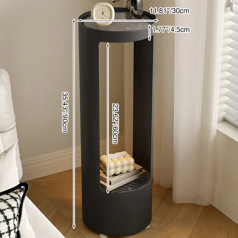 Contemporary Industrial Cylindrical Carbon Steel Fluted Glass USB Charging Sensor Light End Table 2-Tier For Living Room