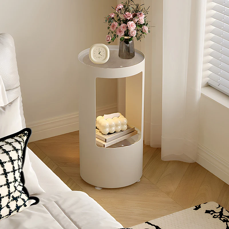 Contemporary Industrial Cylindrical Carbon Steel Fluted Glass USB Charging Sensor Light End Table 2-Tier For Living Room