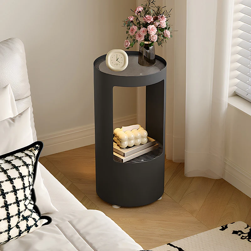 Contemporary Industrial Cylindrical Carbon Steel Fluted Glass USB Charging Sensor Light End Table 2-Tier For Living Room
