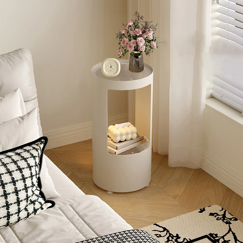Contemporary Industrial Cylindrical Carbon Steel Fluted Glass USB Charging Sensor Light End Table 2-Tier For Living Room