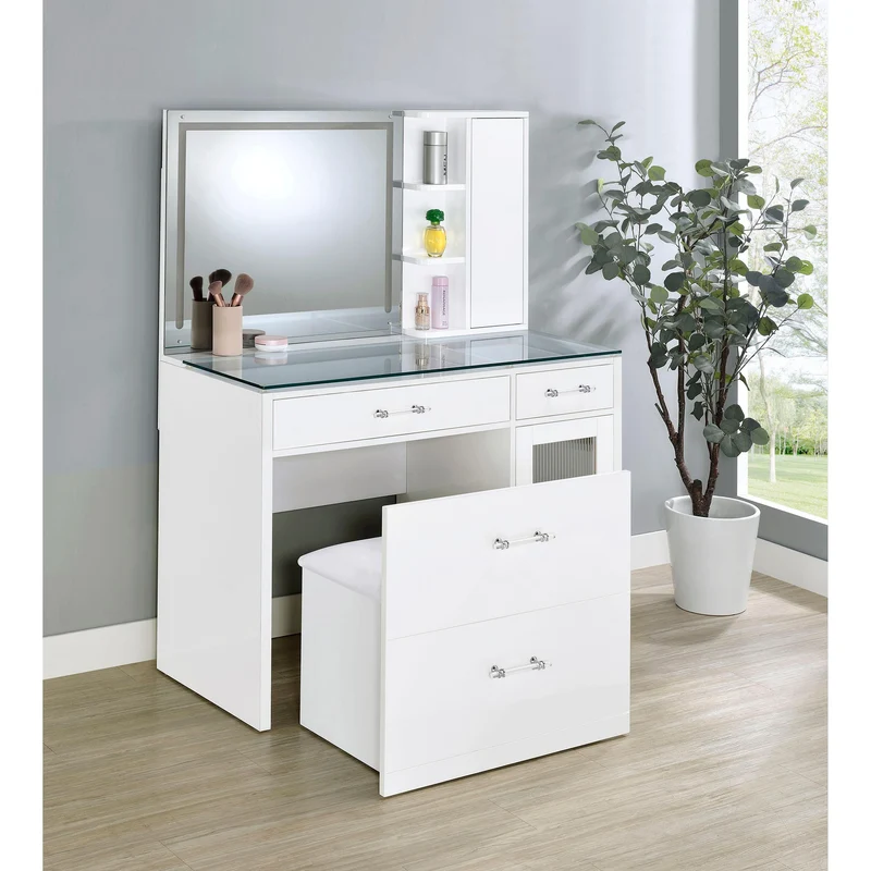 Coaster Furniture Flora 930218 2-drawer Vanity Set with LED Mirror - White High Gloss