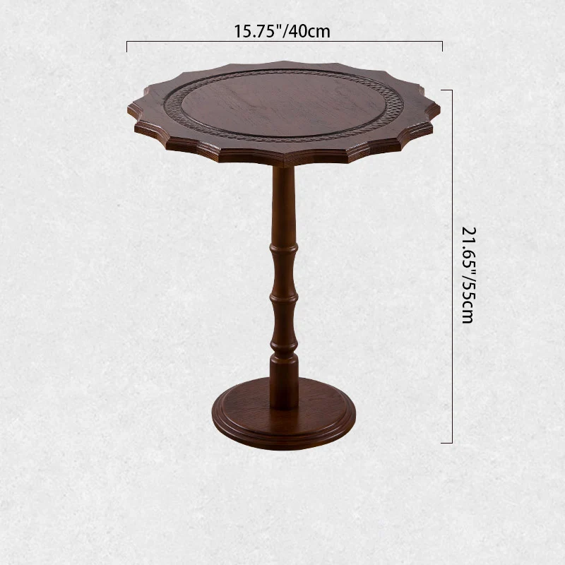 Traditional European Solid North American Red Oak Round Side Table With Wavy Carved Edge For Living Room