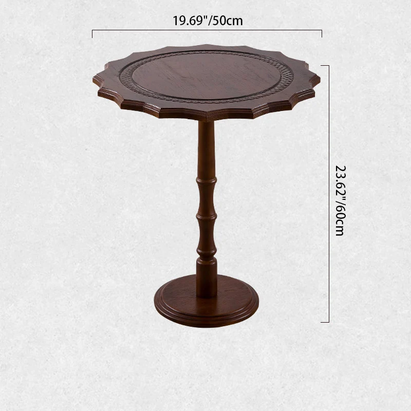 Traditional European Solid North American Red Oak Round Side Table With Wavy Carved Edge For Living Room