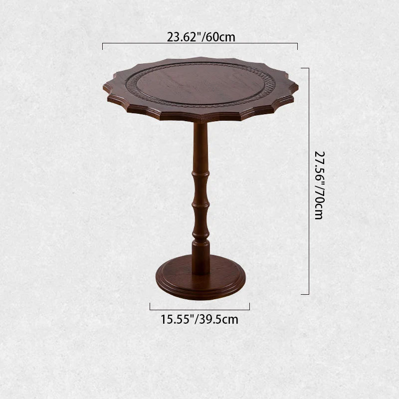 Traditional European Solid North American Red Oak Round Side Table With Wavy Carved Edge For Living Room