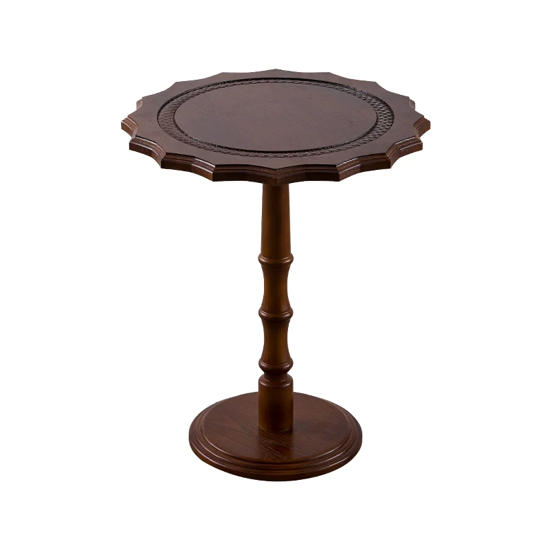 Traditional European Solid North American Red Oak Round Side Table With Wavy Carved Edge For Living Room