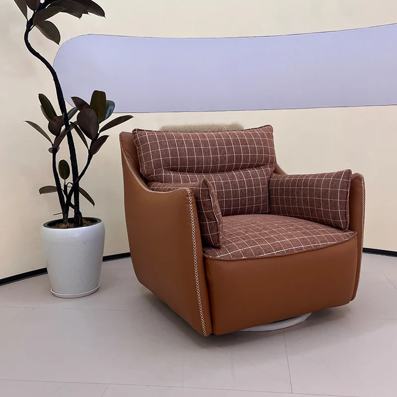 Contemporary Scandinavian Cotton-Linen Upholstery Accent Chair: Eco-Friendly Faux Leather Cover - 360° Swivel Single-Seater Sofa For Living Room