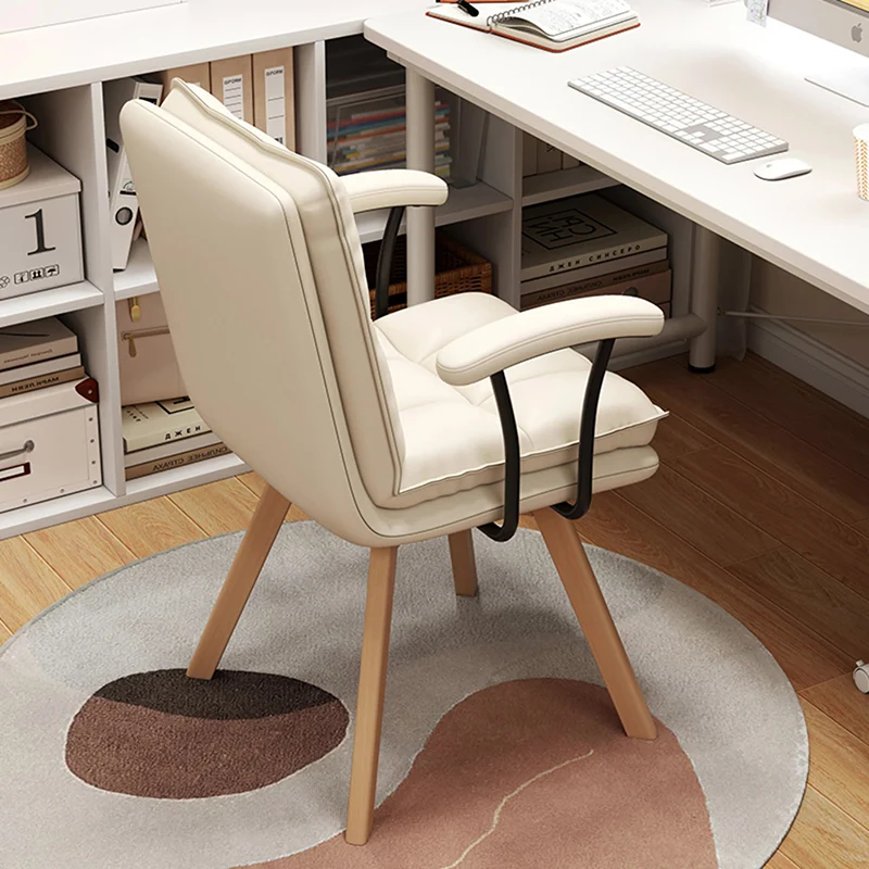 Modern Minimalist Solid Wood Iron Faux Leather Upholstered Swivel Desk Chair With Backrest Armrest For Home Office & Bedroom