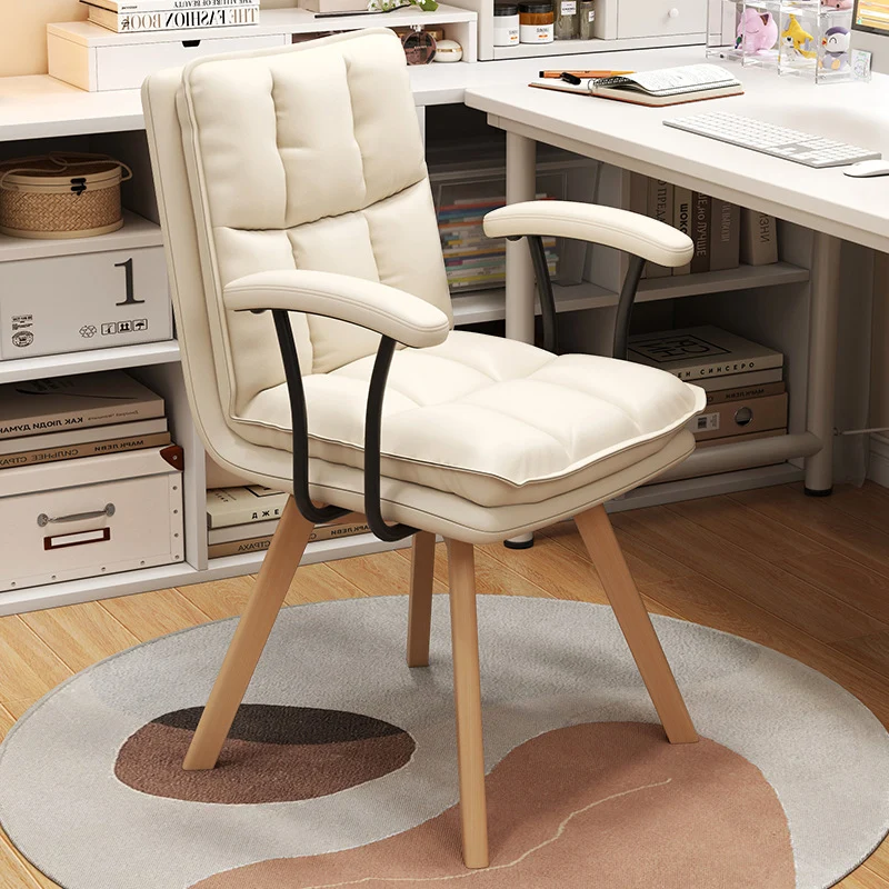 Modern Minimalist Solid Wood Iron Faux Leather Upholstered Swivel Desk Chair With Backrest Armrest For Home Office & Bedroom