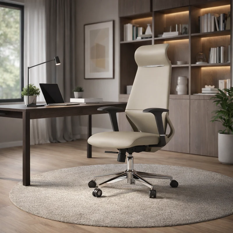 Modern Luxury Plywood Aluminum Alloy Nylon Genuine Leather Faux Leather Swivel Casters Height-Adjustable Ergonomics Desk Chair With Headrest And Armrests For Home Office