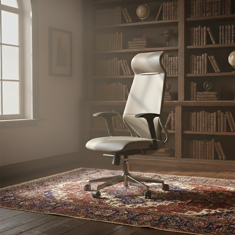 Modern Luxury Plywood Aluminum Alloy Nylon Genuine Leather Faux Leather Swivel Casters Height-Adjustable Ergonomics Desk Chair With Headrest And Armrests For Home Office
