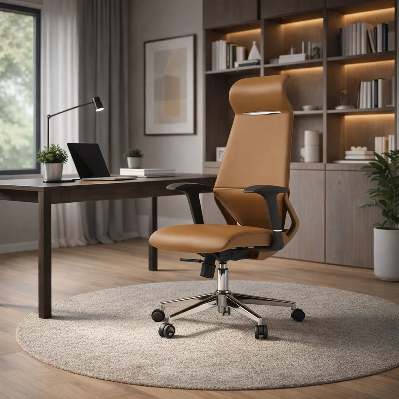 Modern Luxury Plywood Aluminum Alloy Nylon Genuine Leather Faux Leather Swivel Casters Height-Adjustable Ergonomics Desk Chair With Headrest And Armrests For Home Office