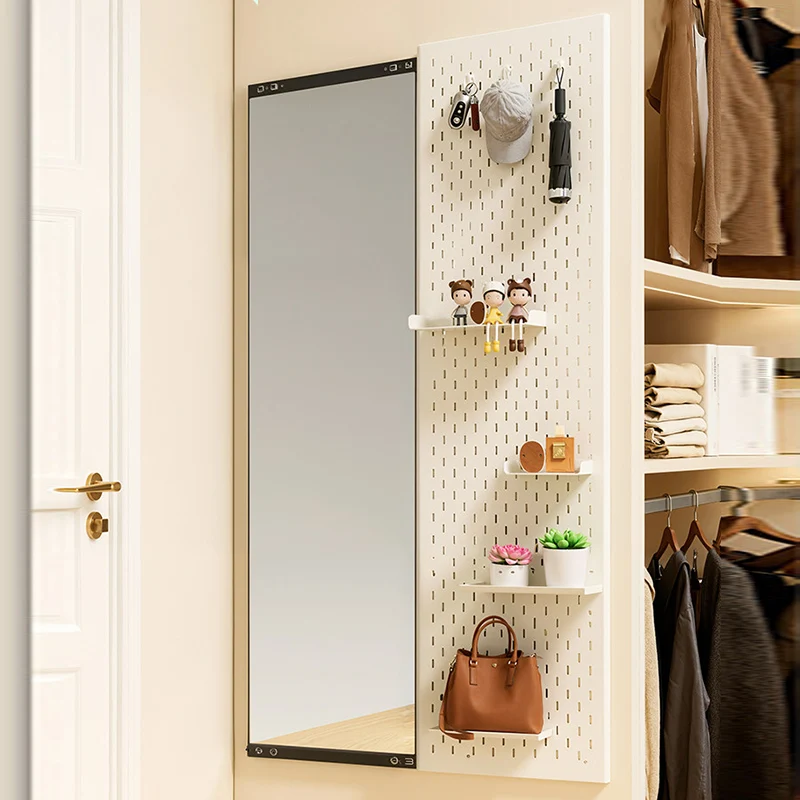 Modern Minimalist Metal & Glass Sliding Full-Length Wall Mirror With Pegboard Storage Wall-Mounted Entryway Dressing Mirror