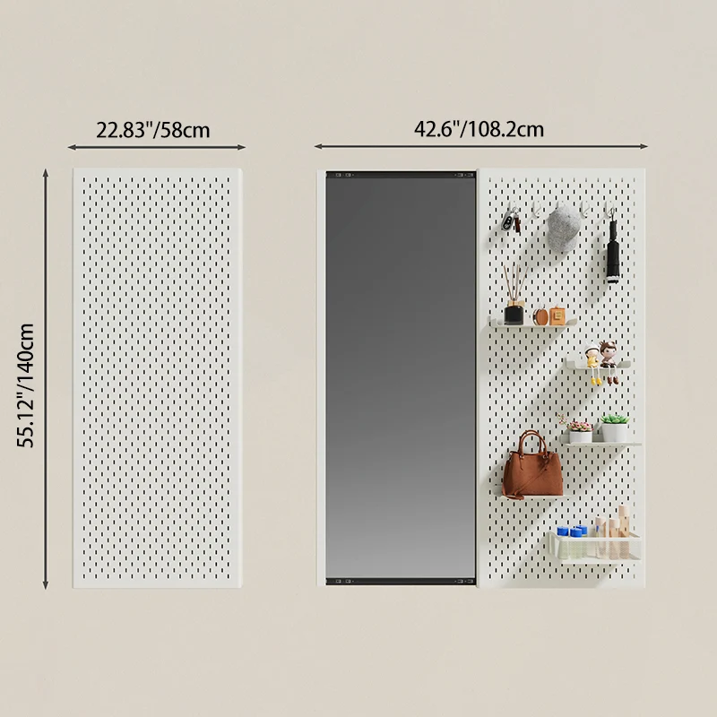 Modern Minimalist Metal & Glass Sliding Full-Length Wall Mirror With Pegboard Storage Wall-Mounted Entryway Dressing Mirror
