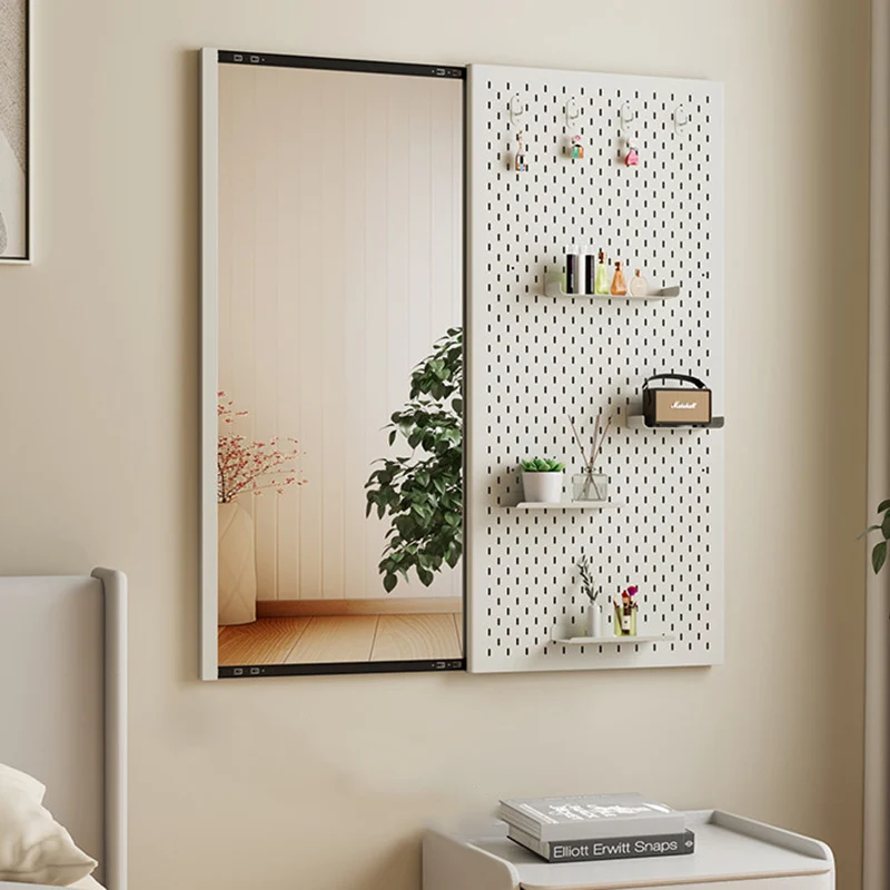 Modern Minimalist Metal & Glass Sliding Full-Length Wall Mirror With Pegboard Storage Wall-Mounted Entryway Dressing Mirror