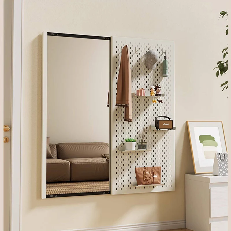 Modern Minimalist Metal & Glass Sliding Full-Length Wall Mirror With Pegboard Storage Wall-Mounted Entryway Dressing Mirror