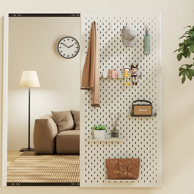 Modern Minimalist Metal & Glass Sliding Full-Length Wall Mirror With Pegboard Storage Wall-Mounted Entryway Dressing Mirror
