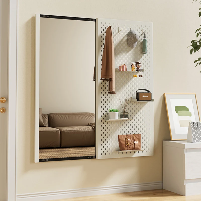 Modern Minimalist Metal & Glass Sliding Full-Length Wall Mirror With Pegboard Storage Wall-Mounted Entryway Dressing Mirror