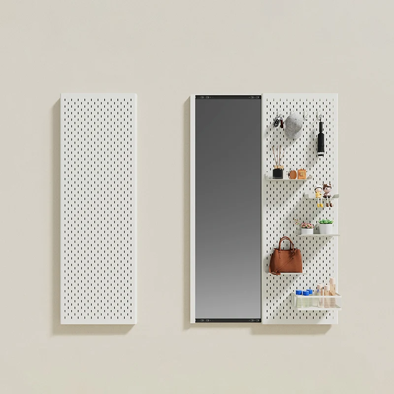 Modern Minimalist Metal & Glass Sliding Full-Length Wall Mirror With Pegboard Storage Wall-Mounted Entryway Dressing Mirror