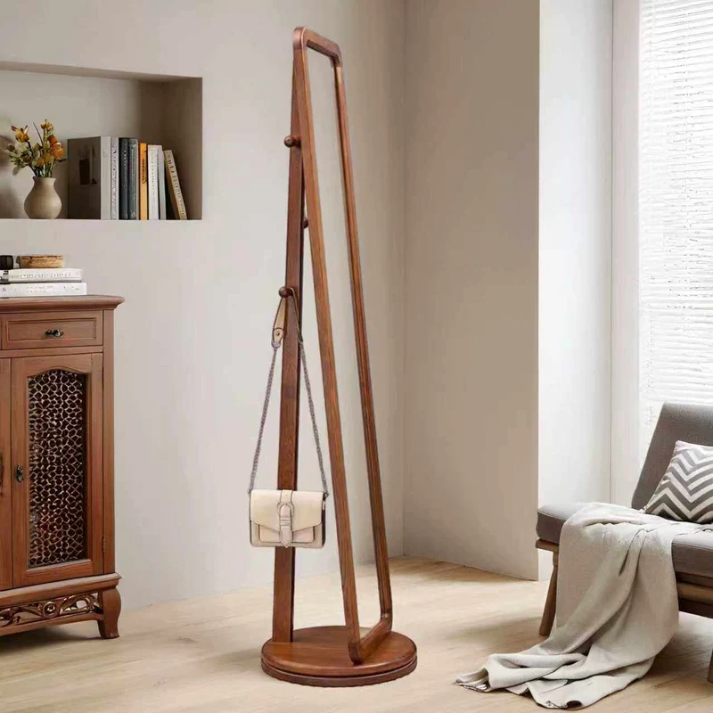 Traditional Chinese Solid Ash Wood Glass Rounded Rectangle Full-Length Floor Mirror With Swivel Coat Rack For Bedroom