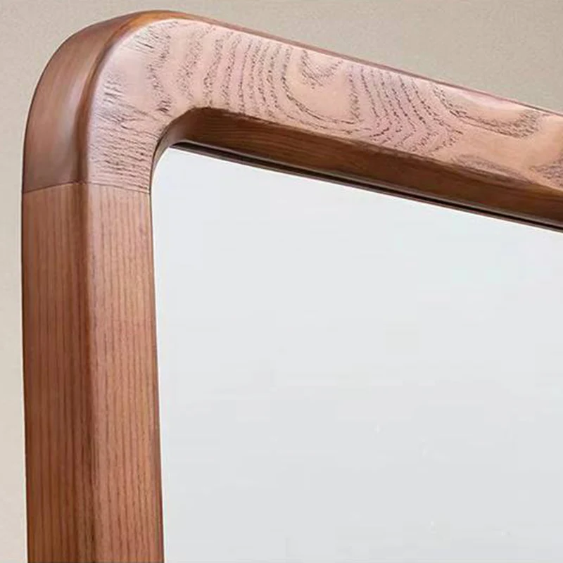 Traditional Chinese Solid Ash Wood Glass Rounded Rectangle Full-Length Floor Mirror With Swivel Coat Rack For Bedroom
