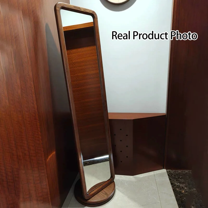 Traditional Chinese Solid Ash Wood Glass Rounded Rectangle Full-Length Floor Mirror With Swivel Coat Rack For Bedroom
