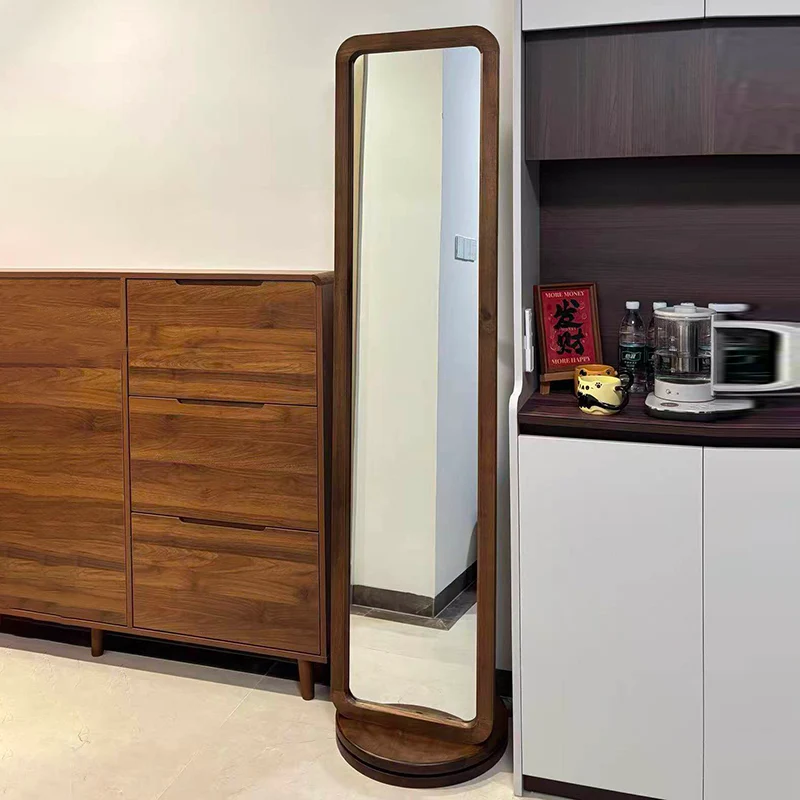 Traditional Chinese Solid Ash Wood Glass Rounded Rectangle Full-Length Floor Mirror With Swivel Coat Rack For Bedroom