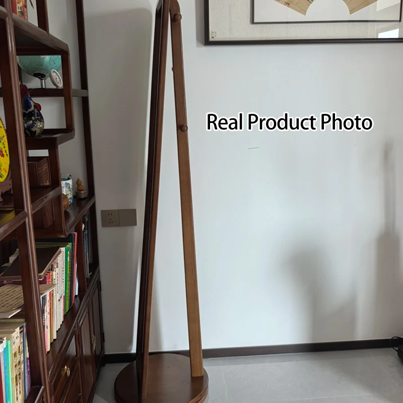 Traditional Chinese Solid Ash Wood Glass Rounded Rectangle Full-Length Floor Mirror With Swivel Coat Rack For Bedroom