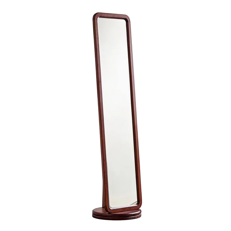 Traditional Chinese Solid Ash Wood Glass Rounded Rectangle Full-Length Floor Mirror With Swivel Coat Rack For Bedroom