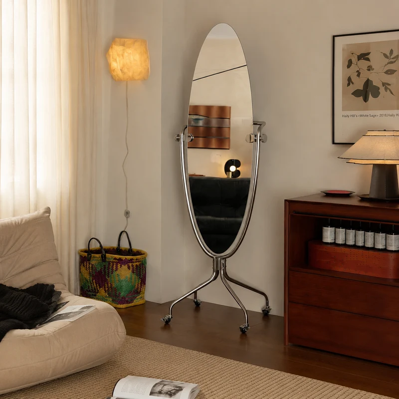 Modern Mid-Century Stainless Steel Glass Oval Full Length Floor Mirror With Rolling Swivel Coat Rack For Bedroom & Living Room